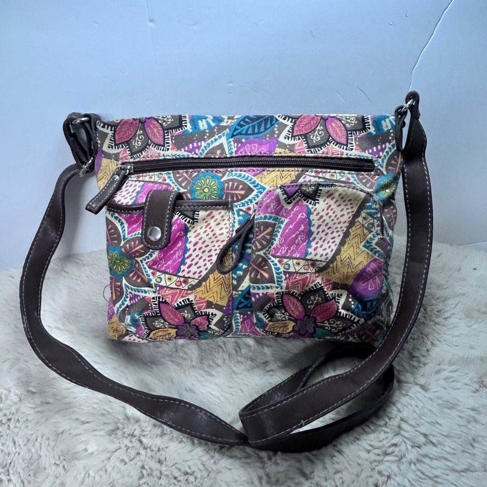 Relic Crossbody Bag Bohemian Floral Print Canvas Leather Trim Adjustable Strap